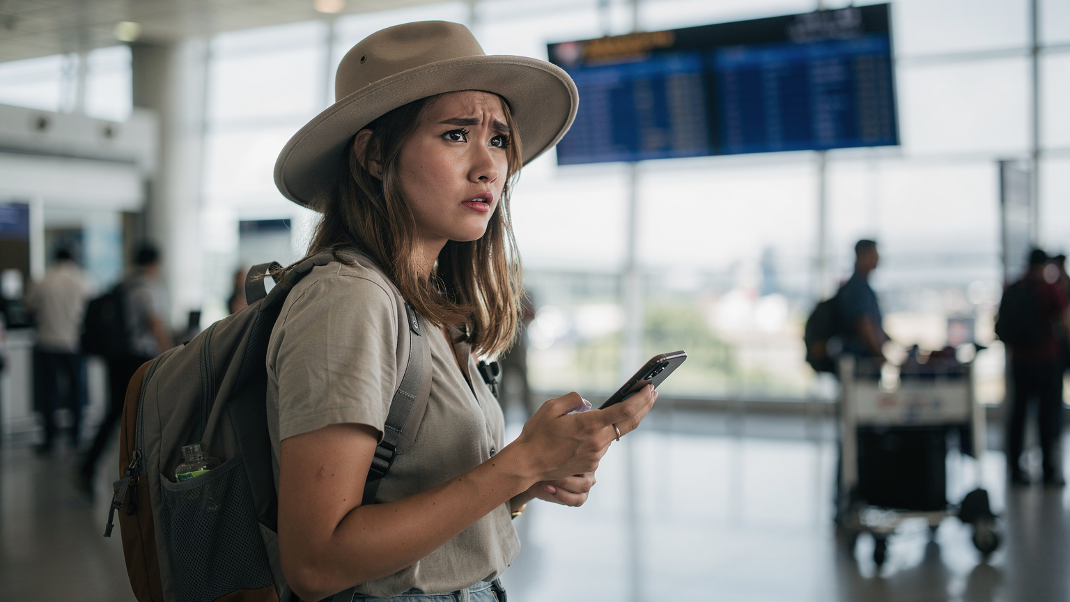 Tourist at NAIA T3 arrivals, phone in hand, looking at information board, contemplating eSIM activation.