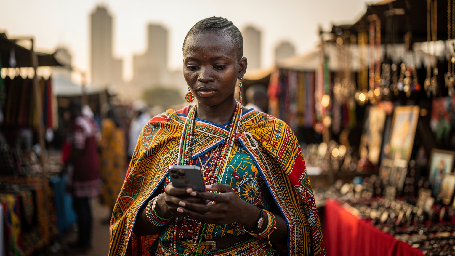 Kenyan woman with smartphone at Maasai Market, Nairobi, vibrant attire, natural light, 16:9 editorial travel tech photo