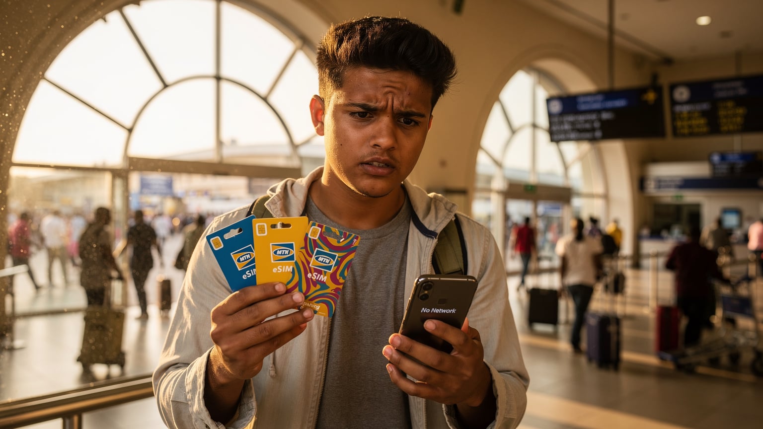 Traveler in Nairobi airport, two MTN eSIM cards, smartphone 'No Network' message, frustrated expression.