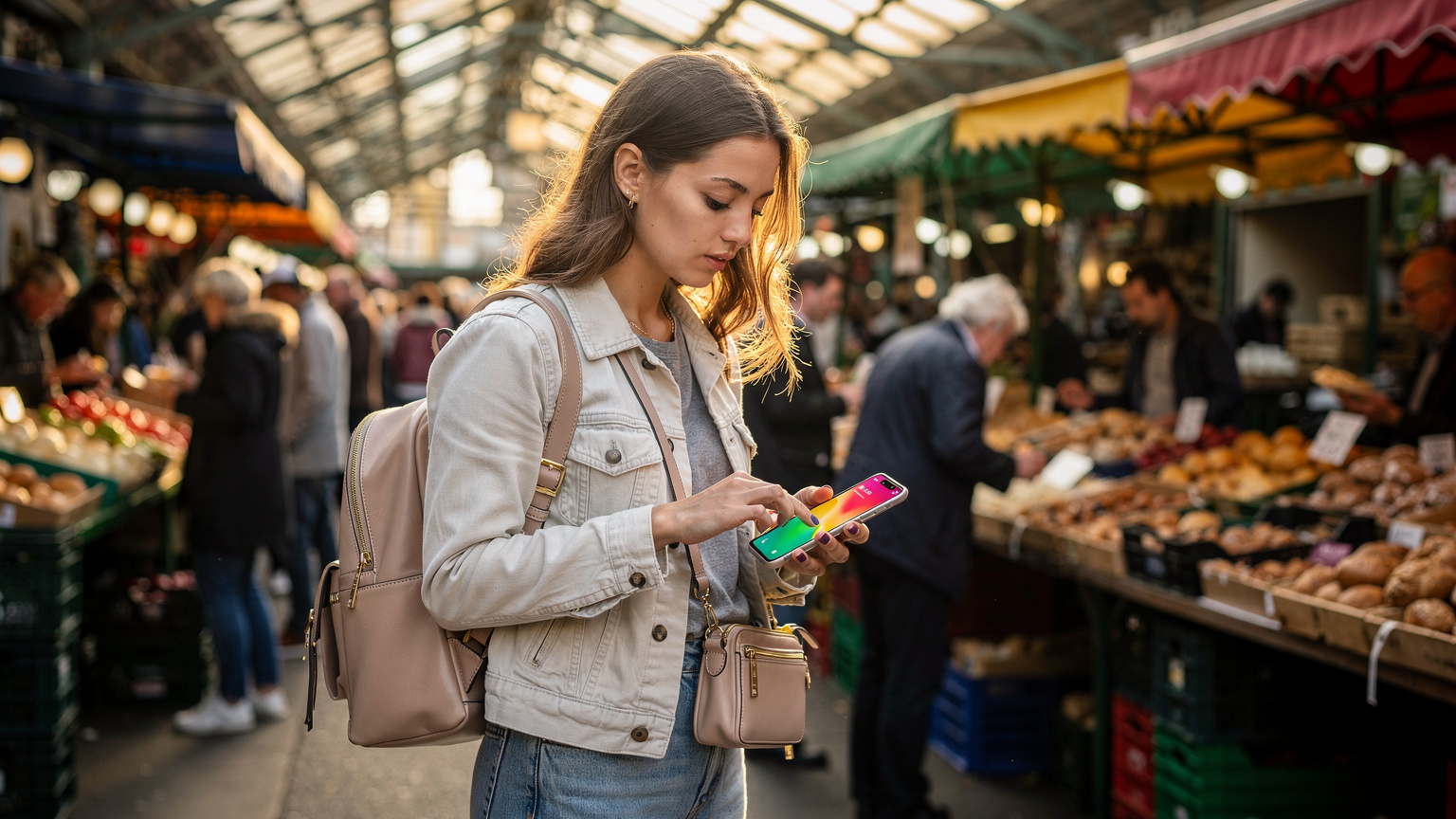 Woman at Borough Market in London, holding phone and reaching into purse, contemplating SIM options.
