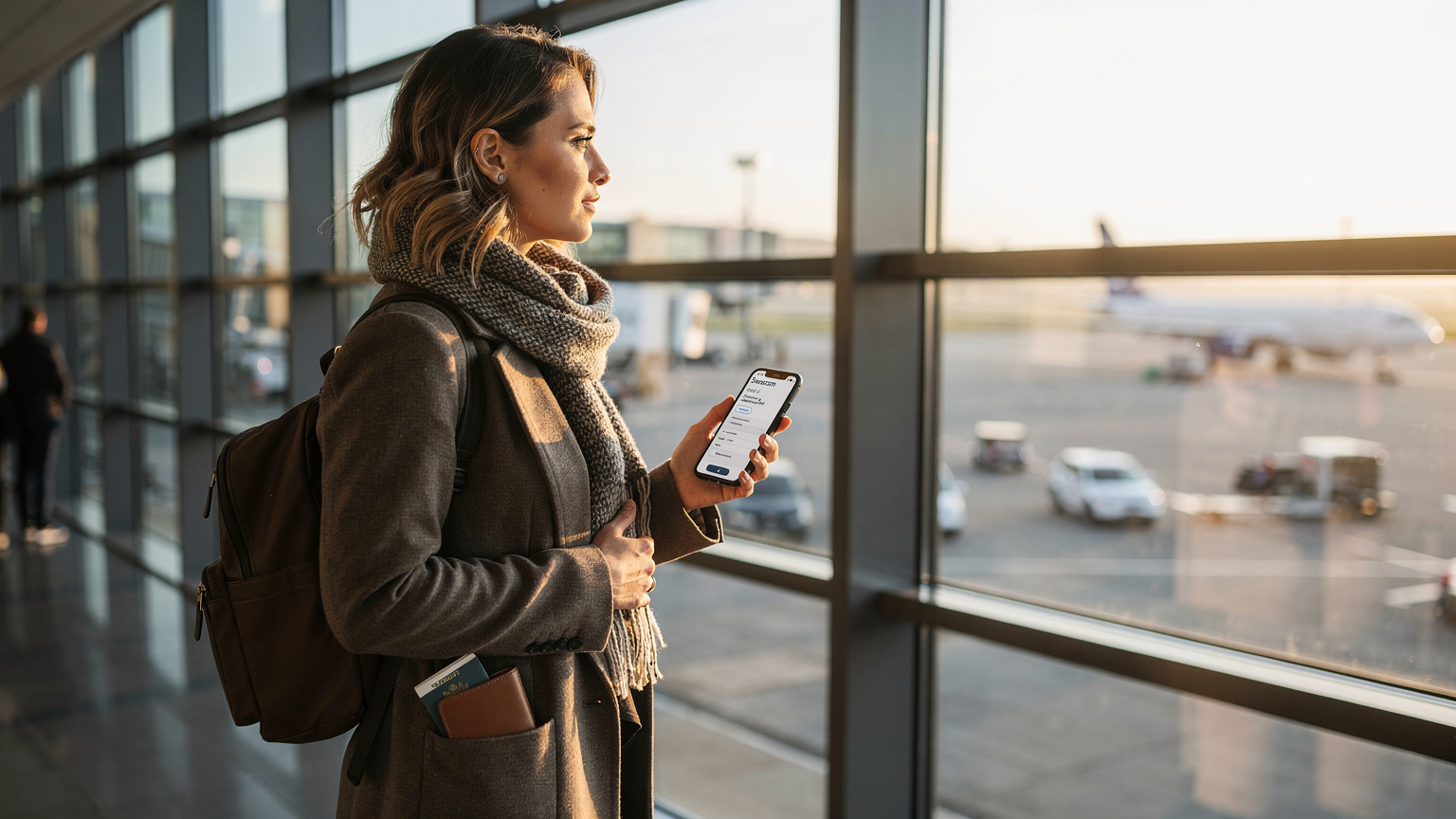 Woman checking phone settings at Zurich Airport, passport visible, hinting at Swisscom eSIM and roaming concerns.