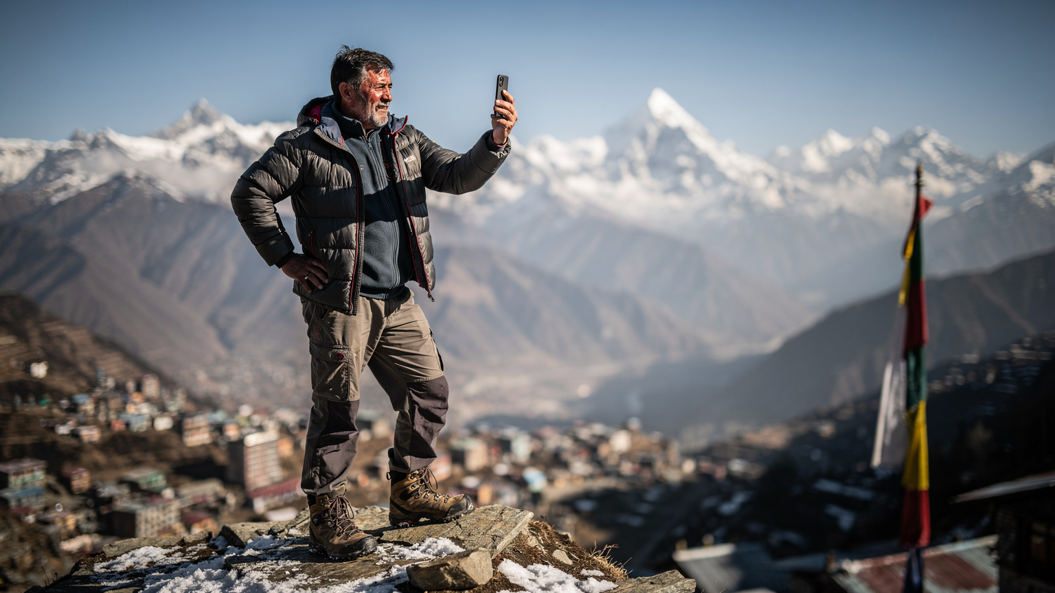 Sherpa guide checking phone signal above Namche Bazaar, Nepal, with snow-capped peaks in background.
