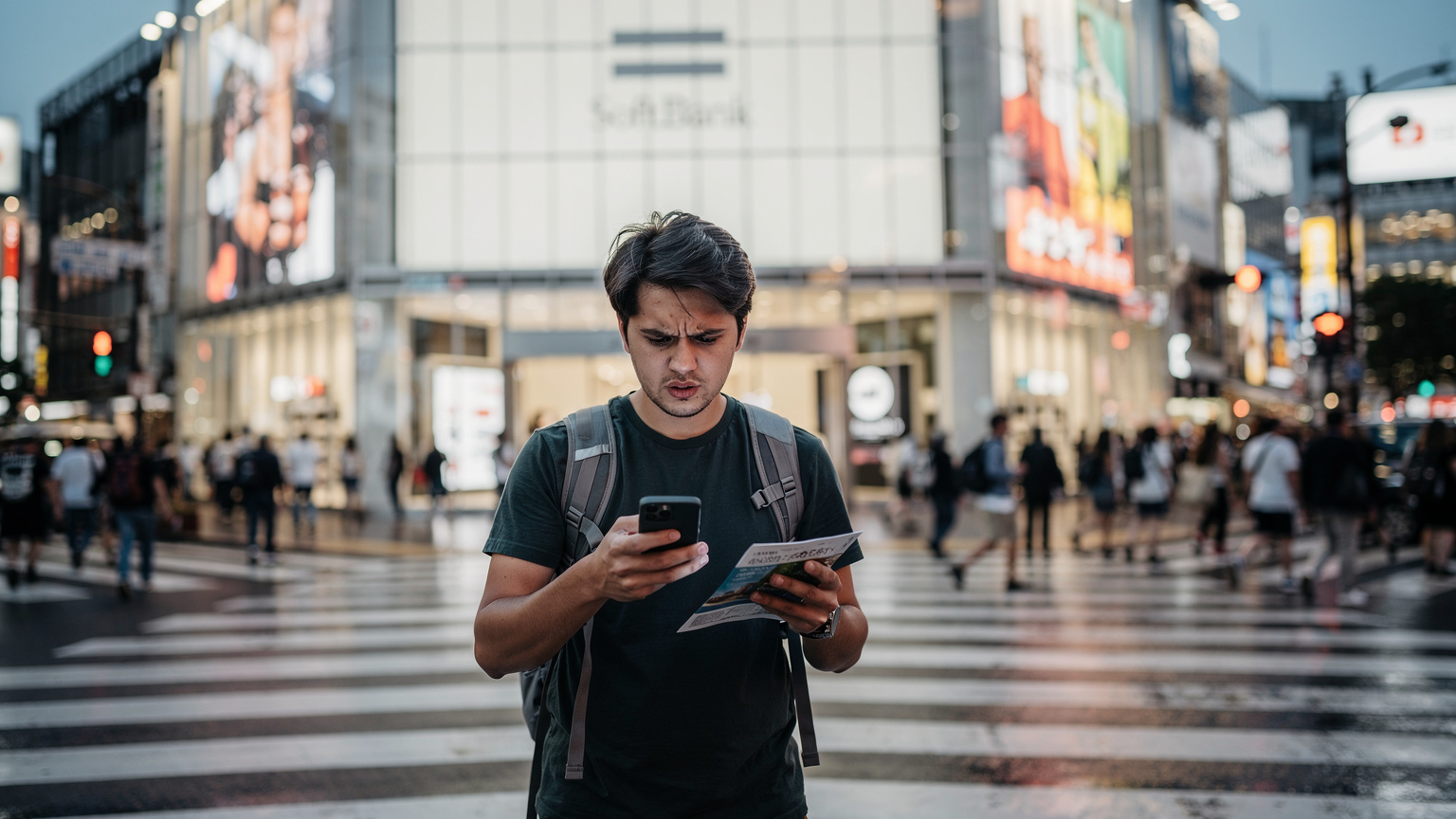 Tourist looking frustrated at phone in front of SoftBank store in bustling Shibuya Crossing, Tokyo.