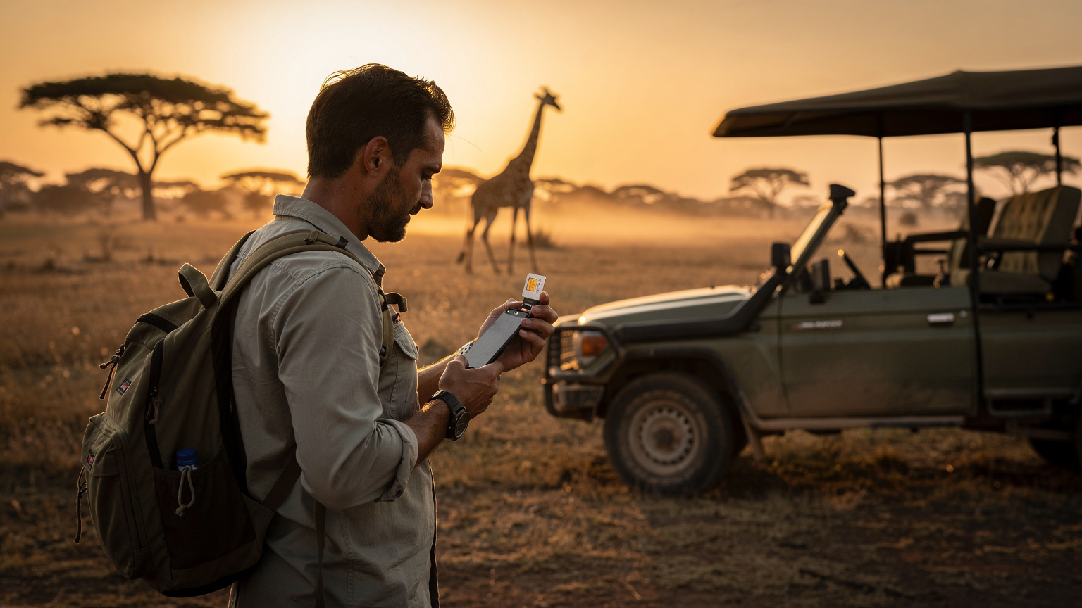 Traveler checking Vodacom SIM on phone, Kruger National Park sunrise with giraffe and safari vehicle in background.