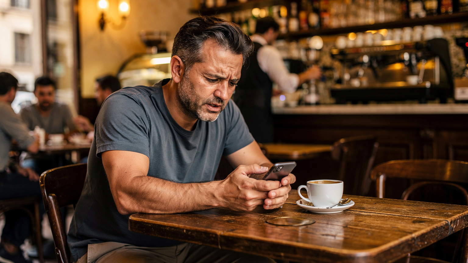 Roma'da tarihi bir kafede oturan, yorgun bir baba kahve fincanının yanında duran akıllı telefonunun ekranına endişeyle bakıyor. Muhtemelen internet bağlantısıyla ilgili bir sorun yaşıyor, yüzünde hafif bir hayal kırıklığı ifadesi var. Arka planda hareketli kafe ortamı bulanık bir şekilde görünüyor.