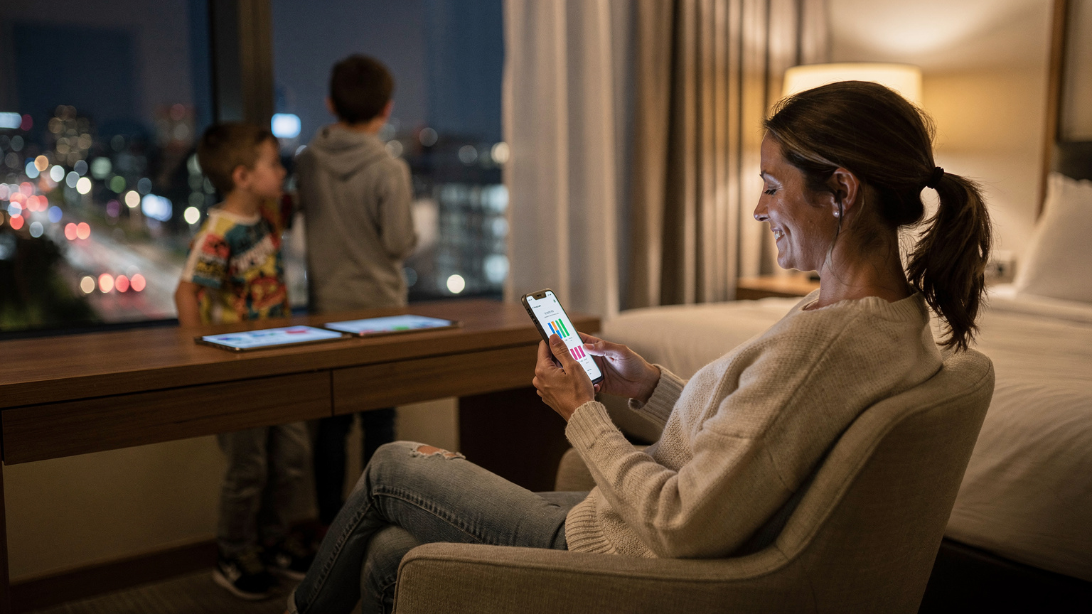 Otel odasında, bir anne telefonundan Cellesim uygulamasını kullanarak çocuklarının tabletlerindeki internet kullanımını izliyor. Çocuklar pencereden dışarıyı merakla seyrederken, annenin yüzünde hafif bir rahatlama ve planlamanın verdiği huzur var.