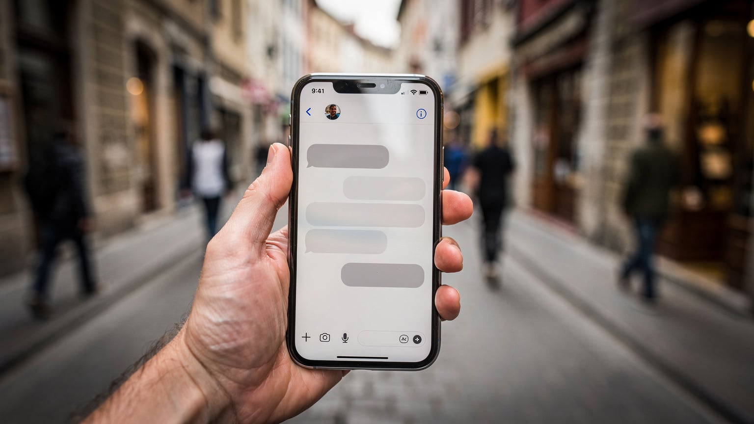 Un primo piano di una mano che tiene uno smartphone aperto su un'app di messaggistica, con lo sfondo sfocato di una strada trafficata e negozi.
