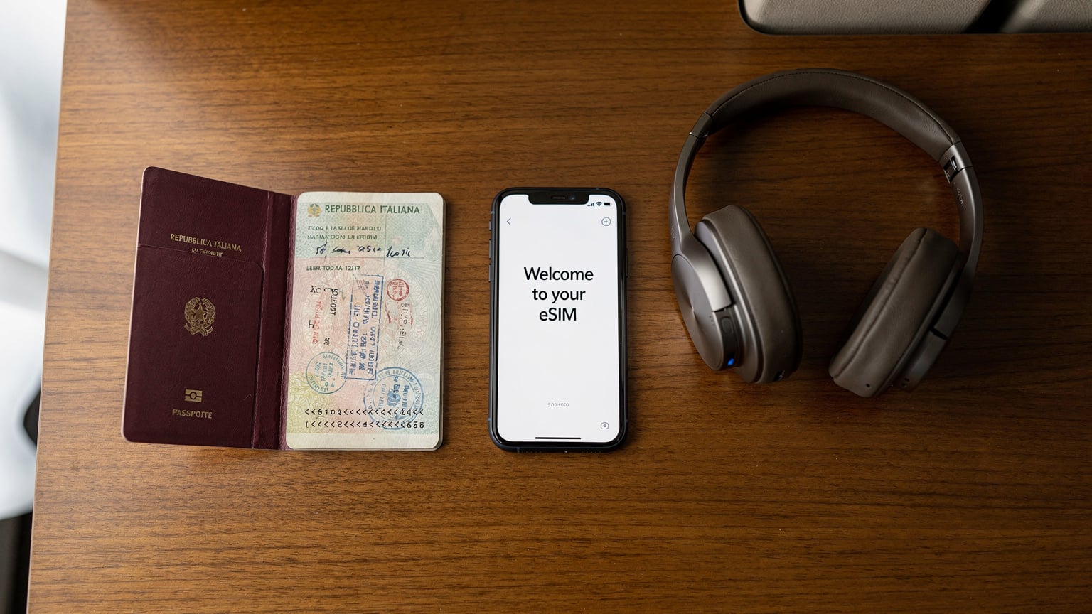 Un primo piano di un passaporto italiano aperto su una pagina con timbri di viaggio, accanto a uno smartphone con una schermata di benvenuto dell'eSIM e delle cuffie, su un tavolo di legno in una stanza d'albergo.