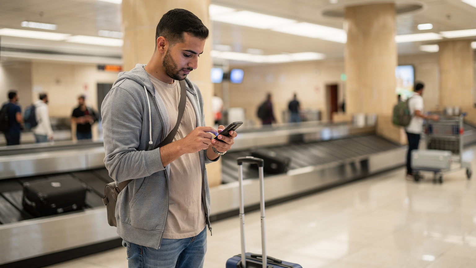 مسافر عربي يستخدم هاتفه الذكي لتفعيل شريحة eSIM أثناء انتظار الأمتعة في صالة الوصول بمطار الملكة علياء الدولي في عمان.