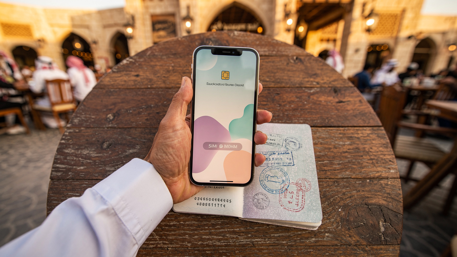 يد عربية تحمل هاتفاً ذكياً يعرض شاشة تفعيل شريحة eSIM، مع جواز سفر مفتوح على طاولة مقهى في منطقة سوق واقف بالدوحة.