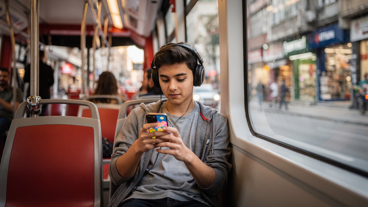 A young person sitting inside a tram in Istanbul, focused on watching a video on their phone, while the bustling street outside blurs past.