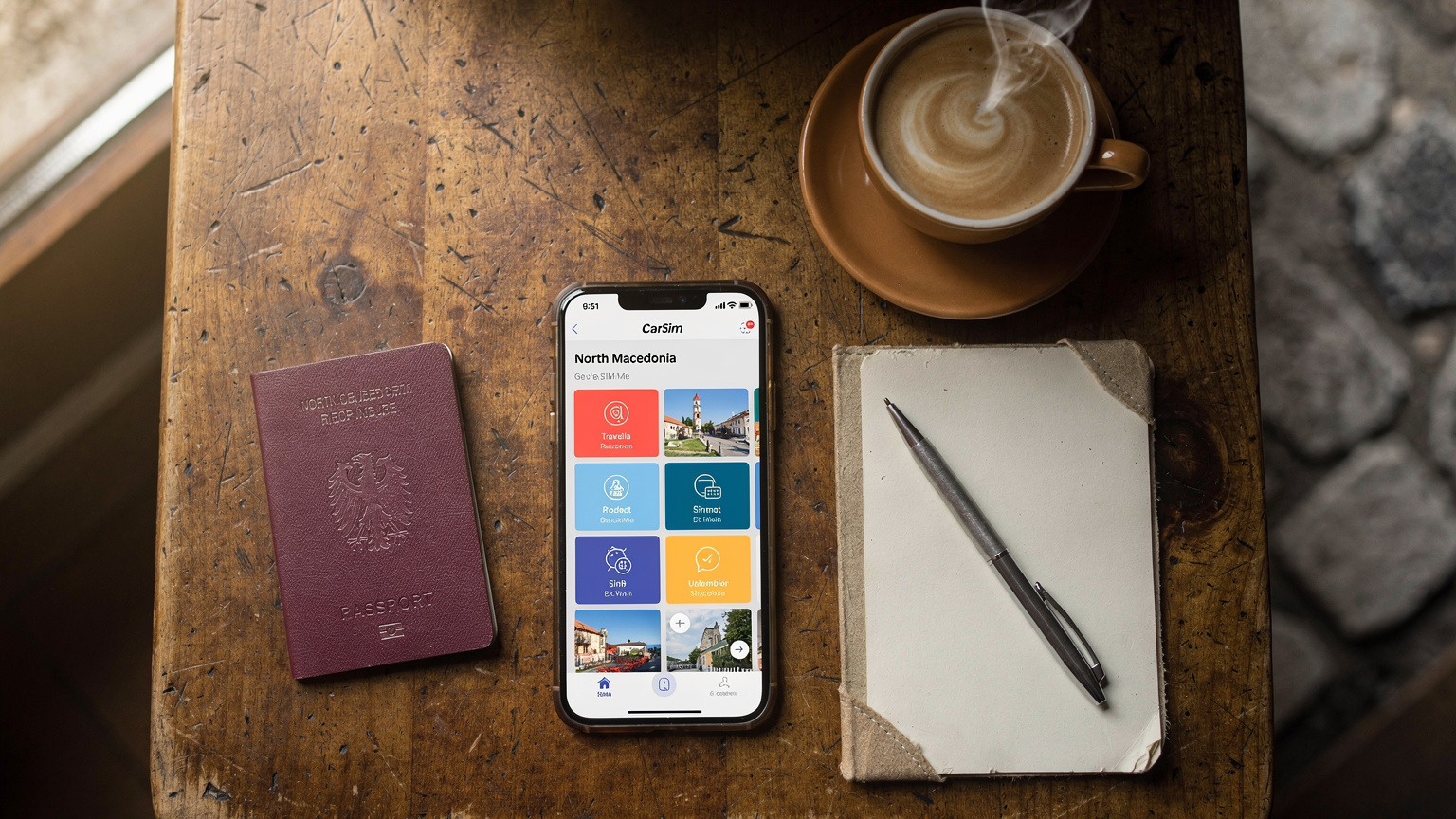 Ein Smartphone mit der Cellesim App zeigt verschiedene eSIM-Pakete für Nordmazedonien, auf einem Holztisch neben einem Reisepass und einer Tasse Kaffee. Ein Stift und ein Notizbuch liegen daneben.