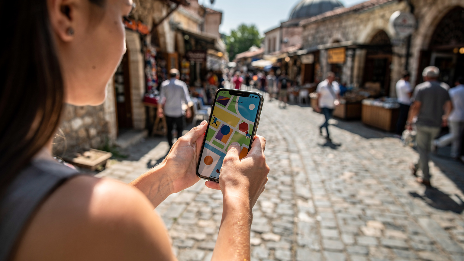 Eine junge Frau hält ein Smartphone mit einer geöffneten Karten-App in der Hand, während sie durch die belebten Gassen des Alten Basars in Skopje, Nordmazedeznien, geht. Im Hintergrund sind traditionelle Handwerksläden zu sehen.