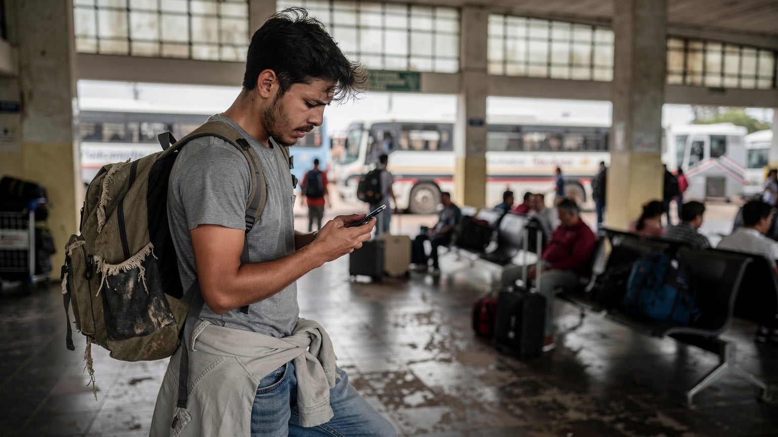 Un viajero con mochila mira su smartphone con frustración en una estación de autobuses de Asunción.