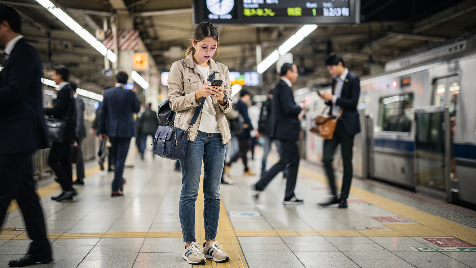 A woman traveler in a busy Tokyo train station, looking at her smartphone with a worried expression, unable to receive an SMS OTP for her banking app.