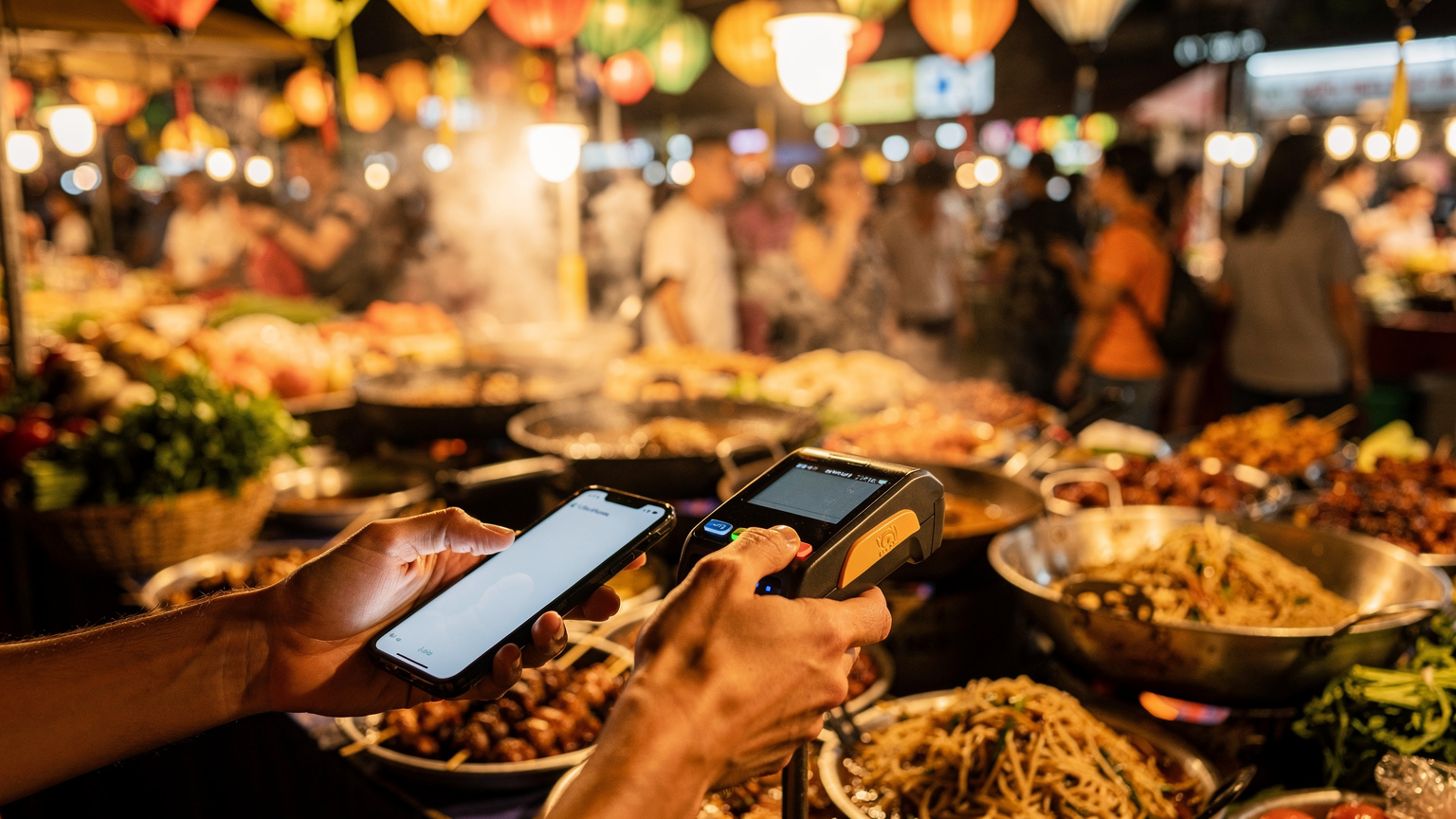 A traveler holding a smartphone, making a mobile payment at a vibrant street food stall in a bustling Southeast Asian night market, surrounded by colorful lights and local vendors.