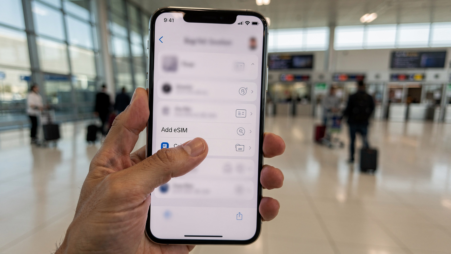 صورة مقربة لهاتف آيفون يعرض شاشة إعدادات شريحة eSIM، مع خلفية غير واضحة لمطار بغداد الدولي وصالة المغادرة.