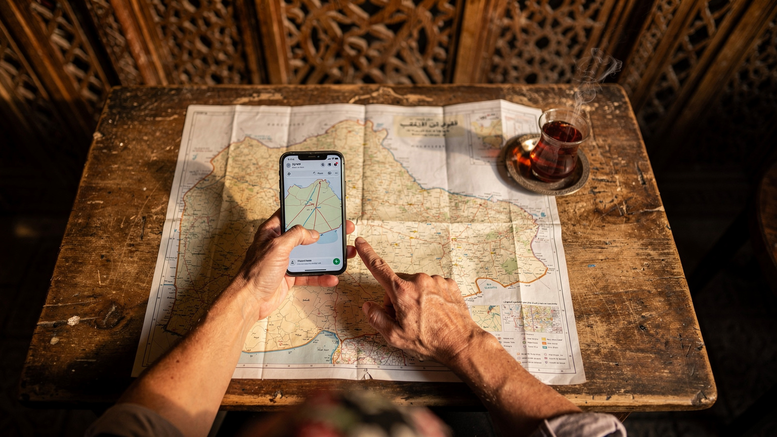 يد أم تحمل هاتفًا ذكيًا يعرض تطبيق خرائط، بينما تشير إلى خريطة ورقية كبيرة للعراق على طاولة مقهى في بغداد، مع كوب شاي عراقي بجانبها.