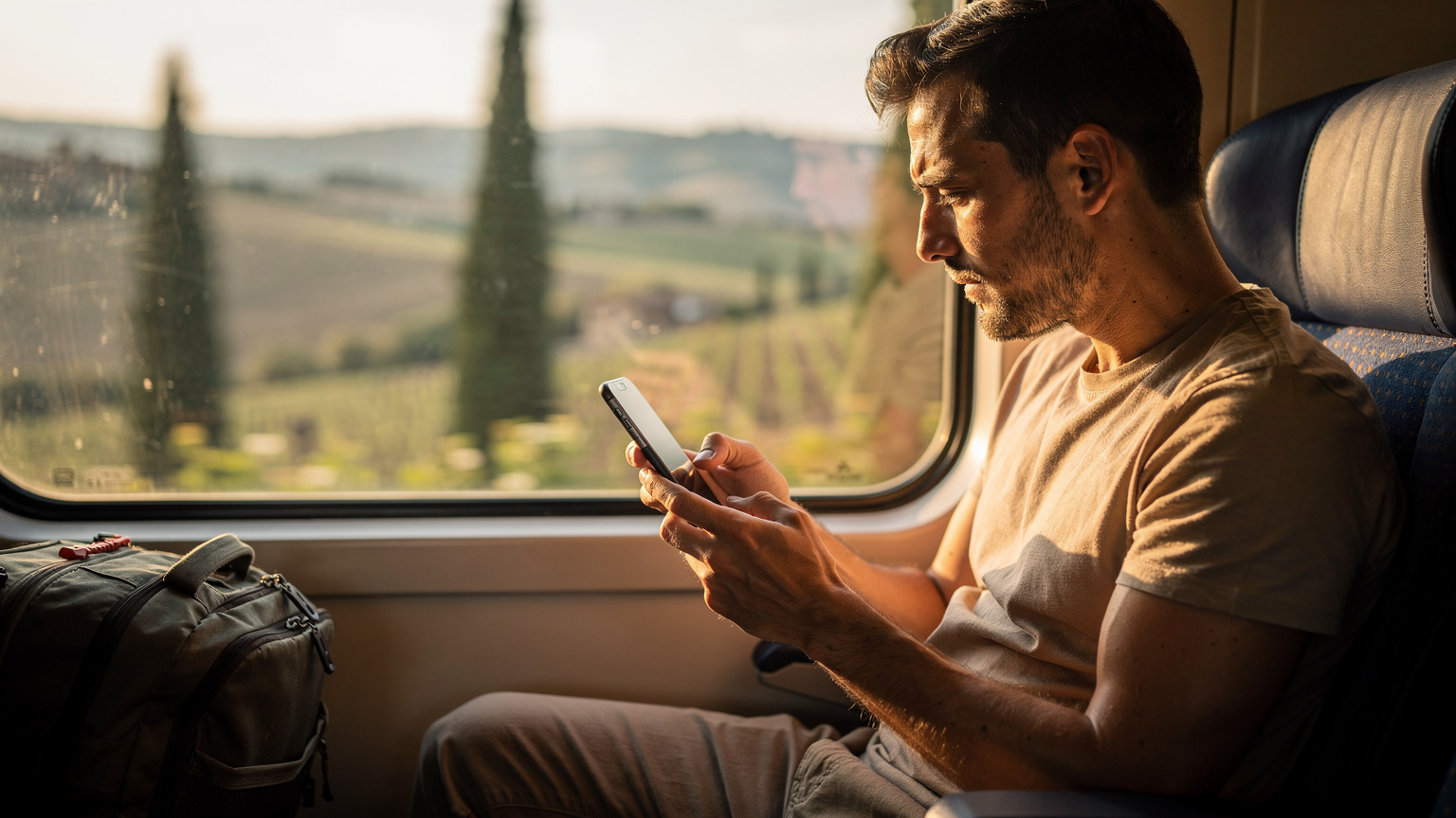 Un călător verifică detaliile planului său eSIM pe ecranul unui smartphone, în timp ce stă într-un tren regional italian care traversează zona rurală toscană.