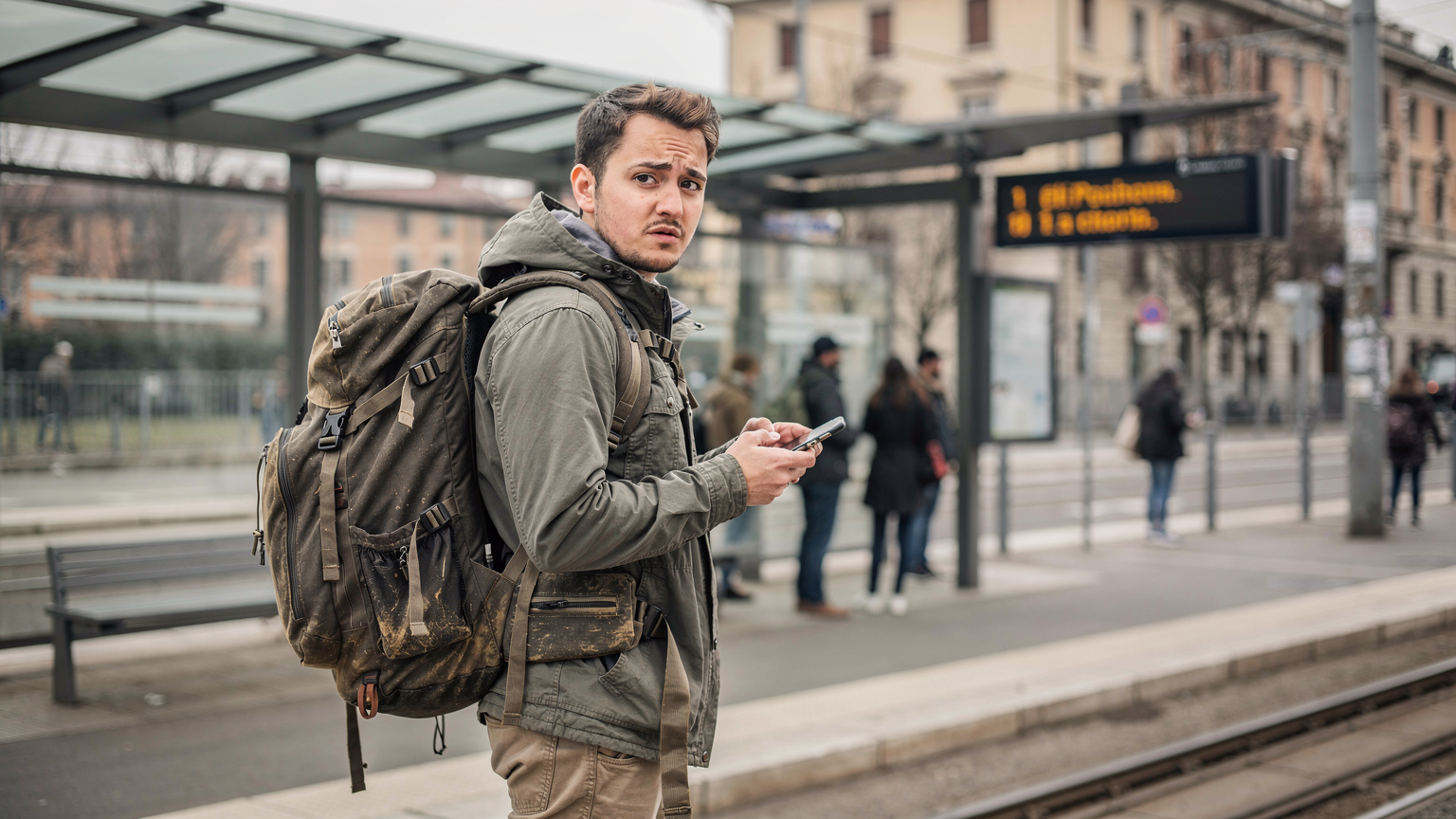 Un călător cu rucsac, folosind transportul în comun în Milano, își verifică telefonul pentru direcții, cu panoul electronic al stației de tramvai vizibil în fundal.
