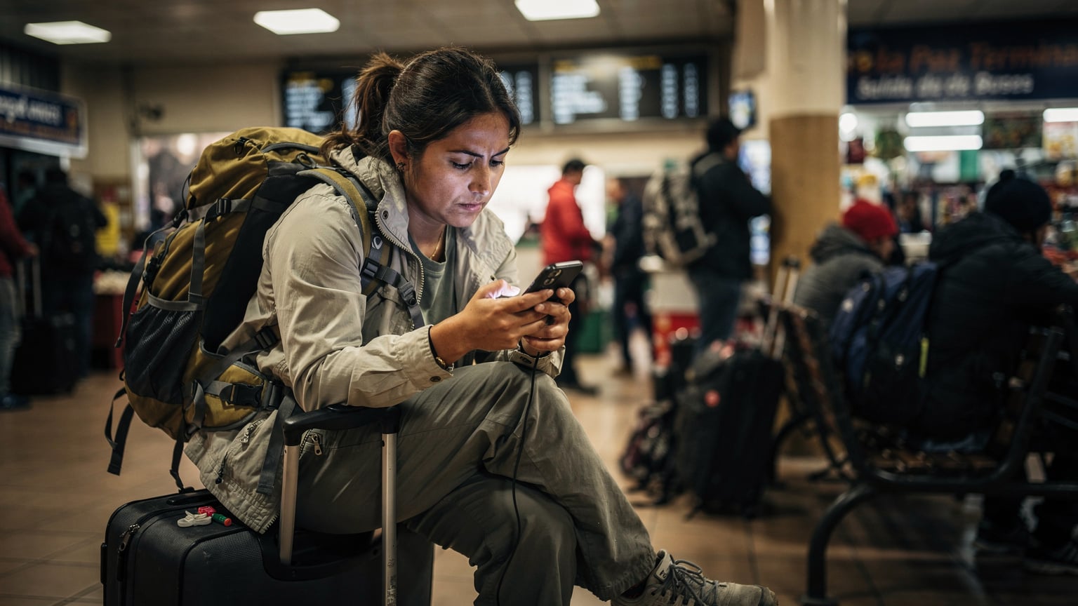 A traveler looks concerned at her phone screen while waiting for a bus at a dimly lit, slightly chaotic bus terminal in La Paz, Bolivia, with other passengers and luggage around her.