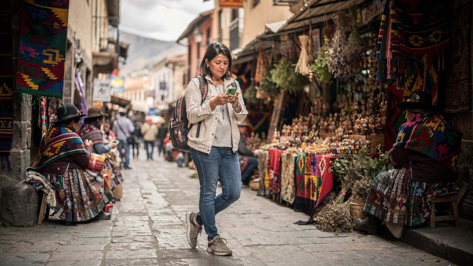 A digital nomad navigates a bustling street market in La Paz, Bolivia, using her smartphone for directions, with vibrant textiles and local vendors in the background.