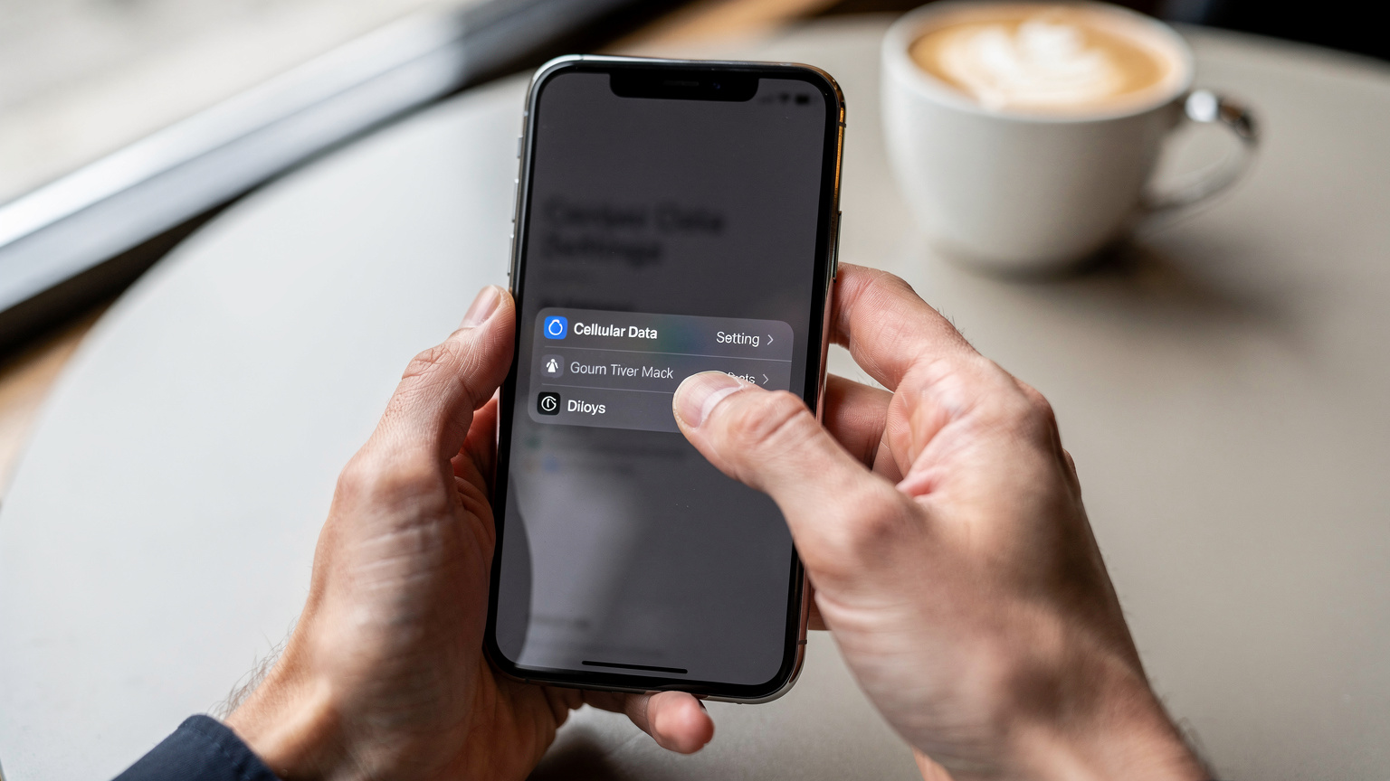 A close-up shot of a person's hands holding a smartphone, with the dual SIM settings screen partially visible, illustrating how to manage primary and travel eSIMs.