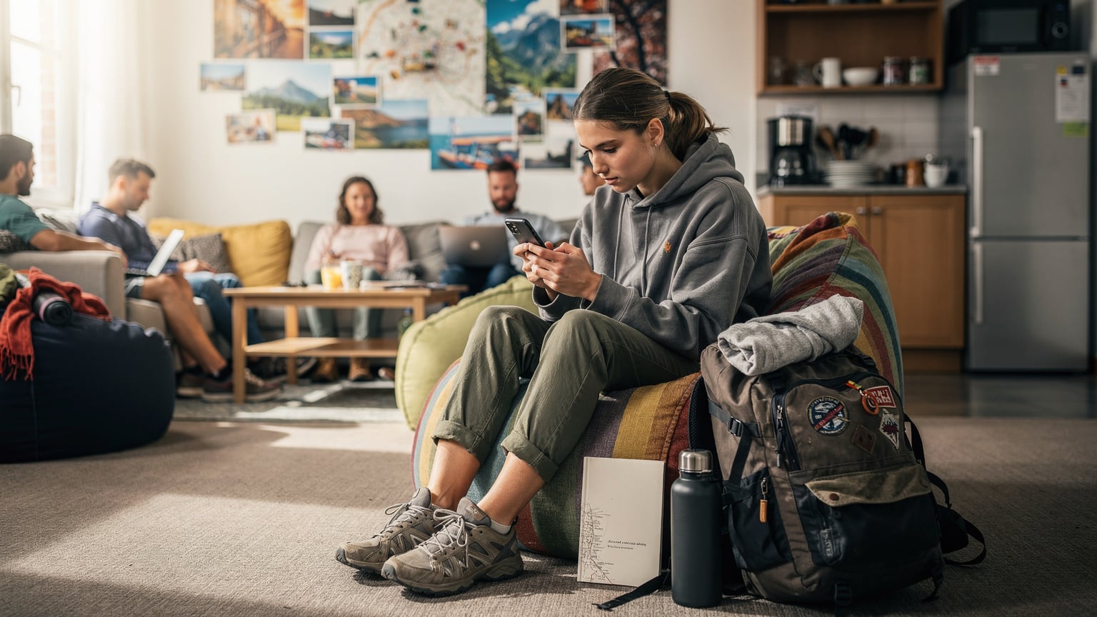 A traveler in a lively hostel common room, surrounded by other backpackers, is intently typing on her smartphone, likely using a messaging app for communication.