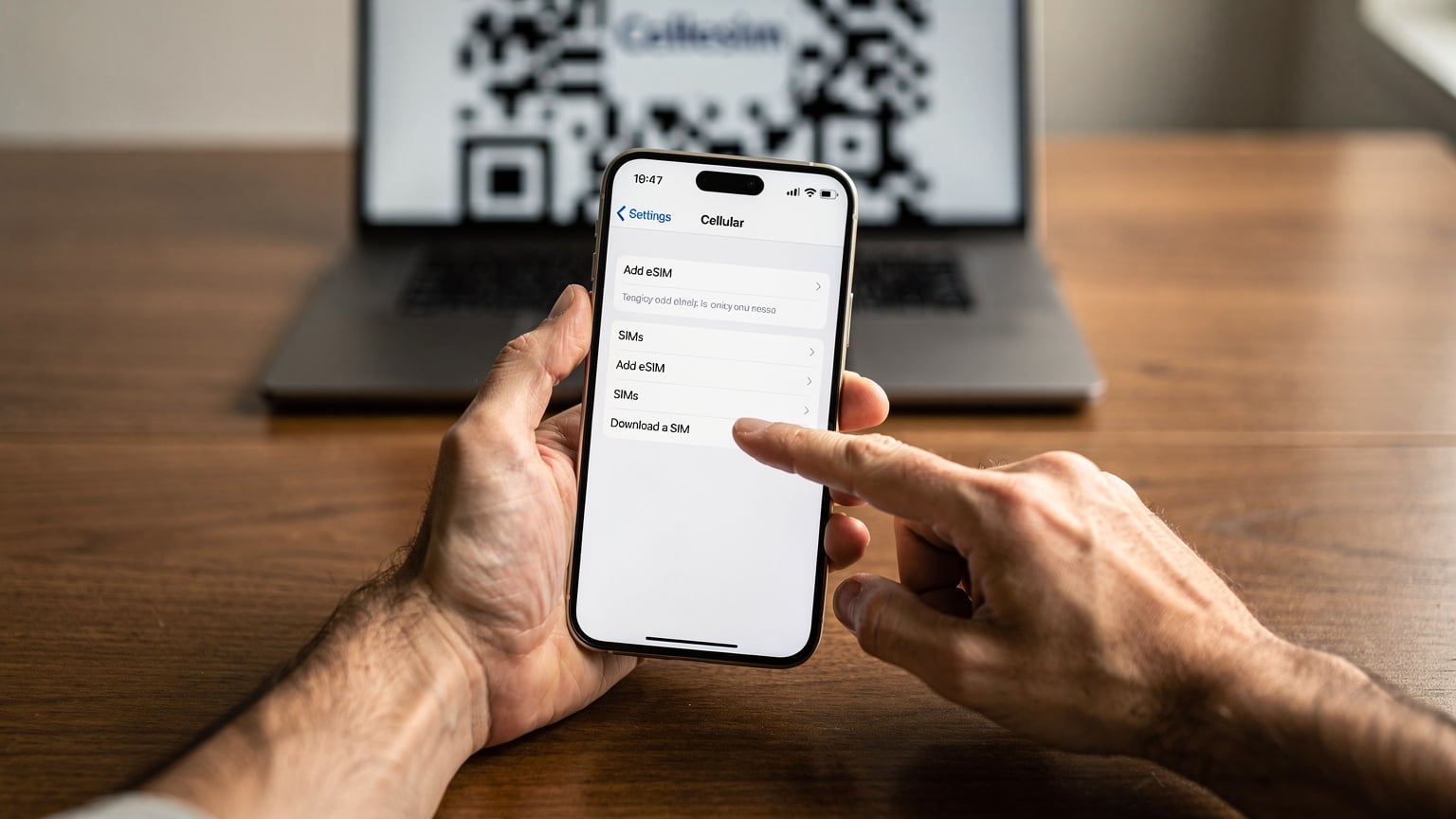 A close-up shot of two hands, one holding a smartphone displaying the phone's settings menu, and another hand pointing to the 'Add eSIM' option. A laptop in the background shows a Cellesim QR code.