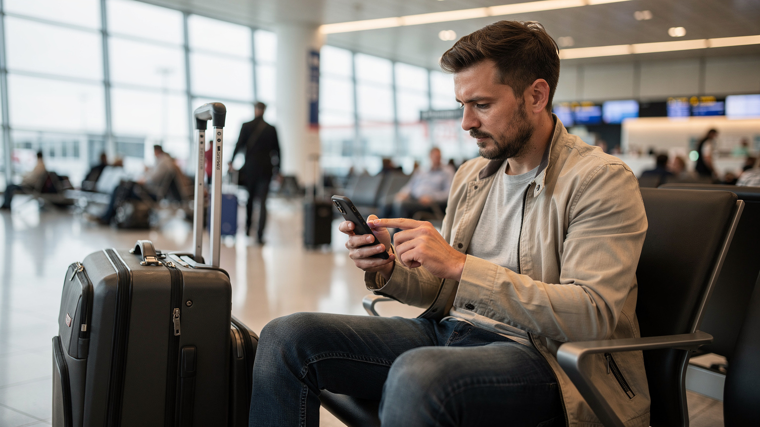 Münih Havalimanı'nda, uçağını bekleyen bir yolcu telefonunda Cellesim uygulamasını kullanarak eSIM etkinleştiriyor.