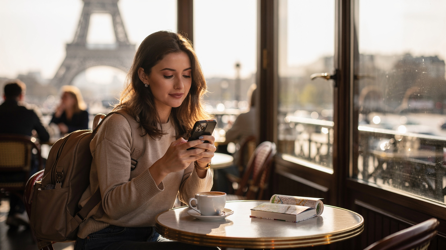 Woman checking phone with dual eSIM at a Parisian cafe overlooking the Eiffel Tower