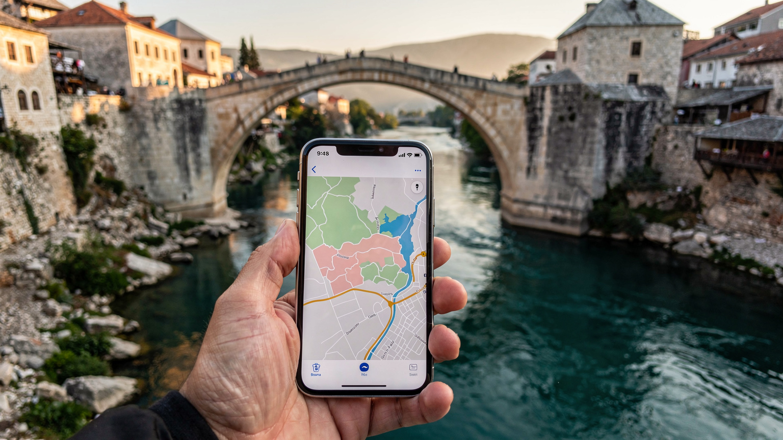 En hand håller en smartphone som visar en karta över Bosnien, med den ikoniska Stari Most-bron i Mostar i bakgrunden vid solnedgången.