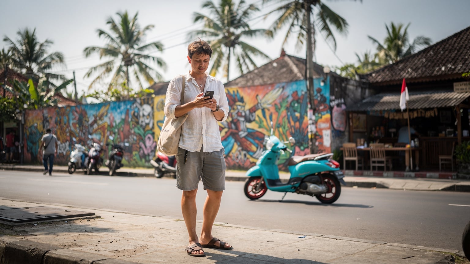 A vibrant street scene in Canggu, Bali, showing a scooter passing a colourful street art mural, with a person in the foreground holding a smartphone, checking directions.