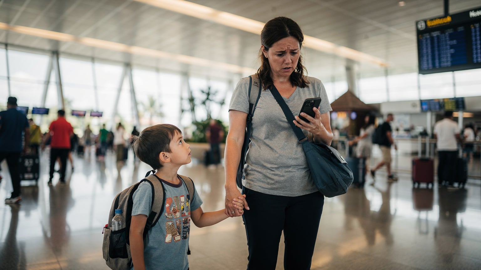 A woman with her young child standing in a bustling airport terminal, the woman looking intently at her smartphone screen with a slightly stressed expression as she tries to find her way.