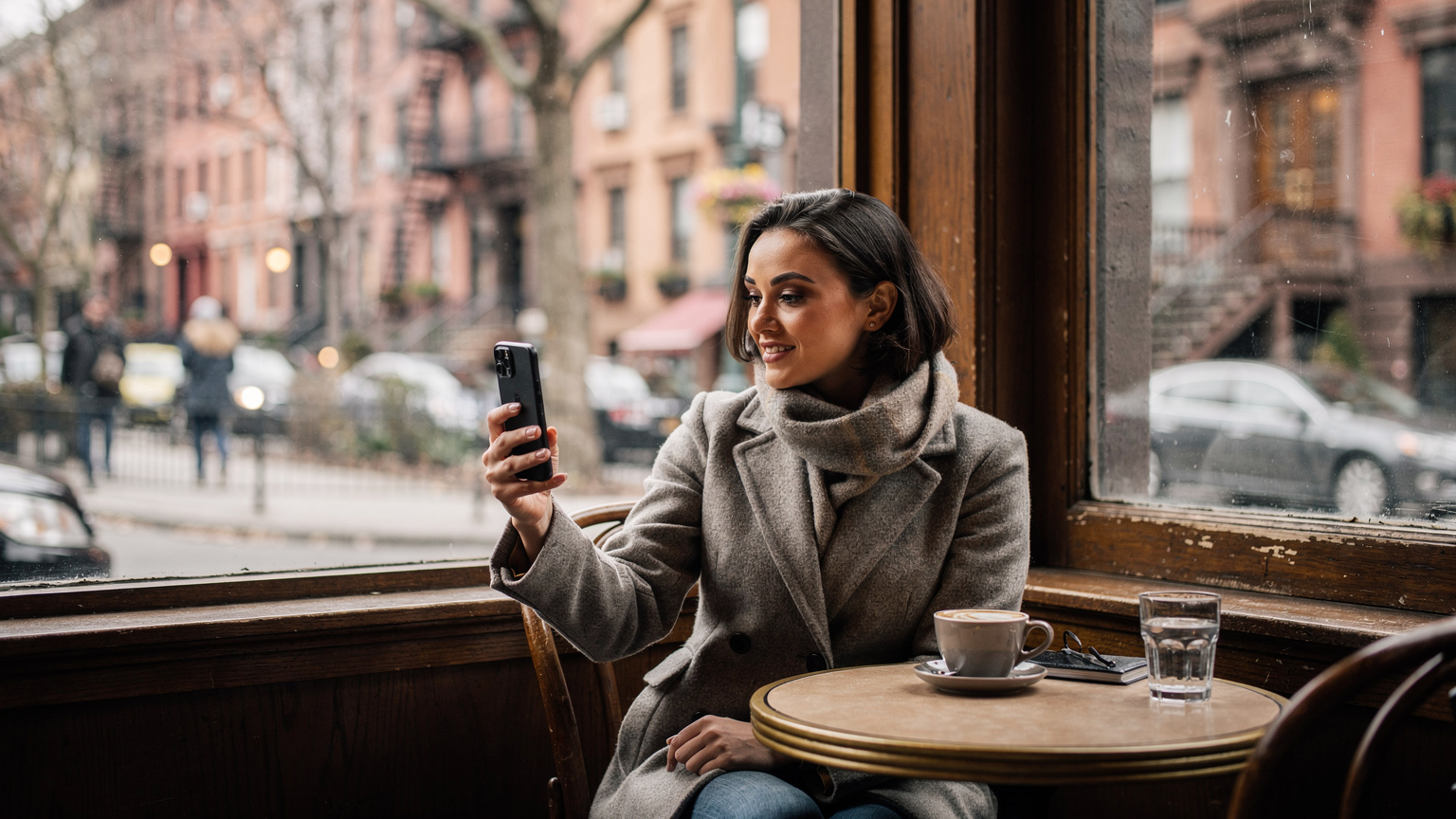 Uma mulher jovem em um café em Manhattan, Nova York, usando o telefone para uma videochamada, com a rua movimentada ao fundo.