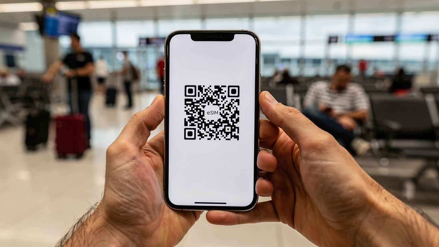 Uma pessoa segurando um smartphone com um código QR na tela, realizando a ativação de um eSIM em um aeroporto movimentado.