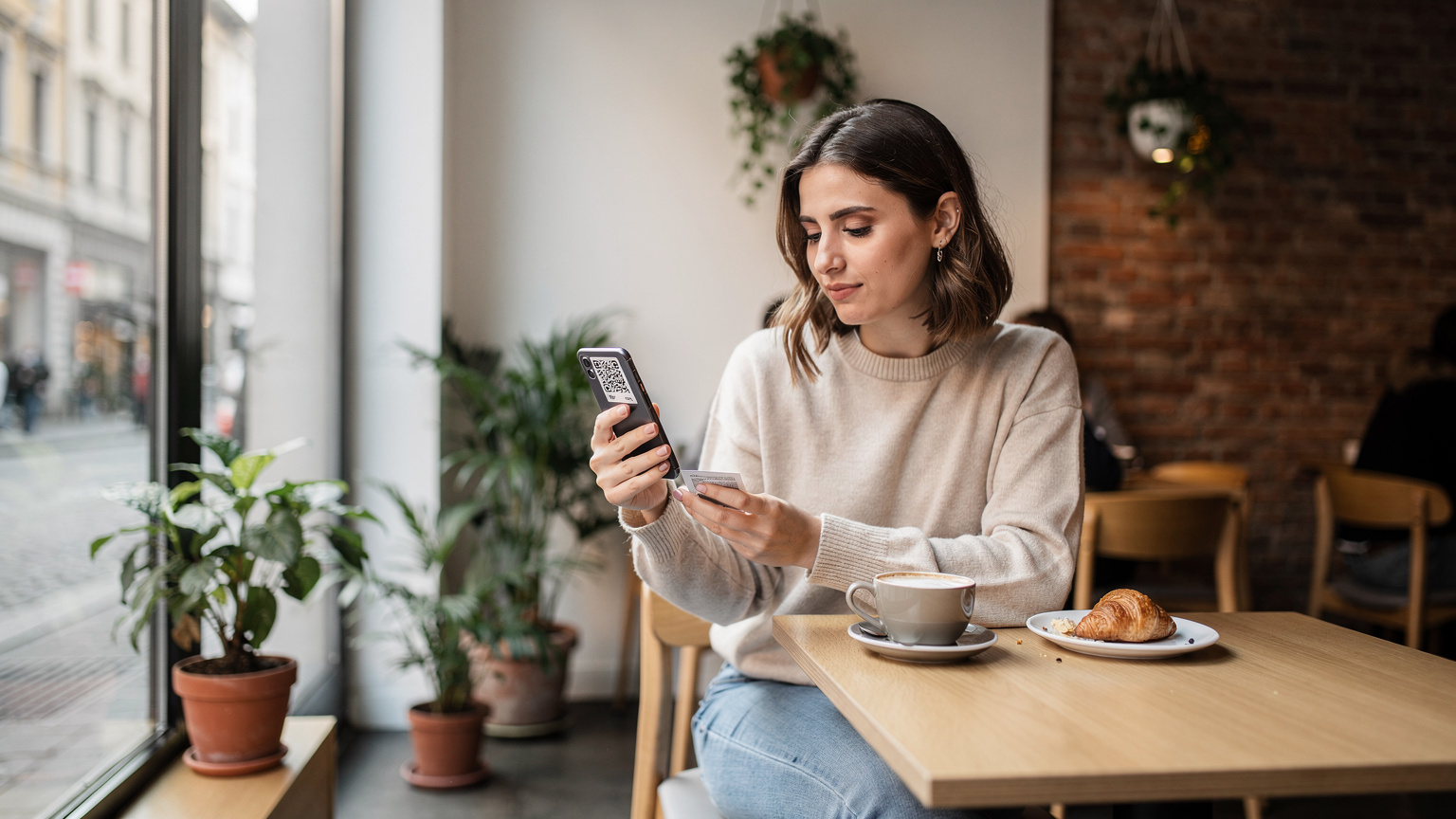 Avrupa'daki modern bir kafede oturan, elindeki akıllı telefonuyla bir QR kodunu tarayan genç bir kadın.