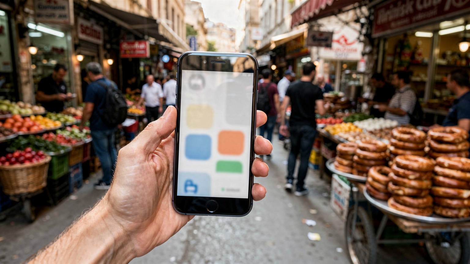 Un călător folosește o aplicație de transport pe smartphone-ul său într-o piață aglomerată din Istanbul, cu vânzători de simit și trecători în fundal.