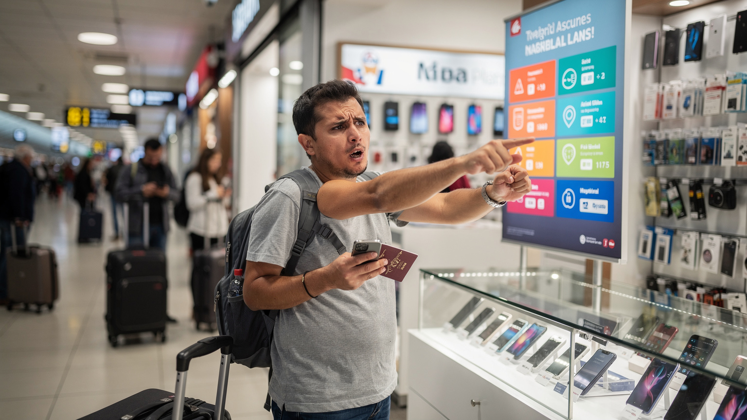 Un turist frustrat încearcă să înțeleagă detaliile unui plan de date afișat într-un magazin de telefoane mobil din Aeroportul Istanbul, cu mulți oameni în jur și bagaje.