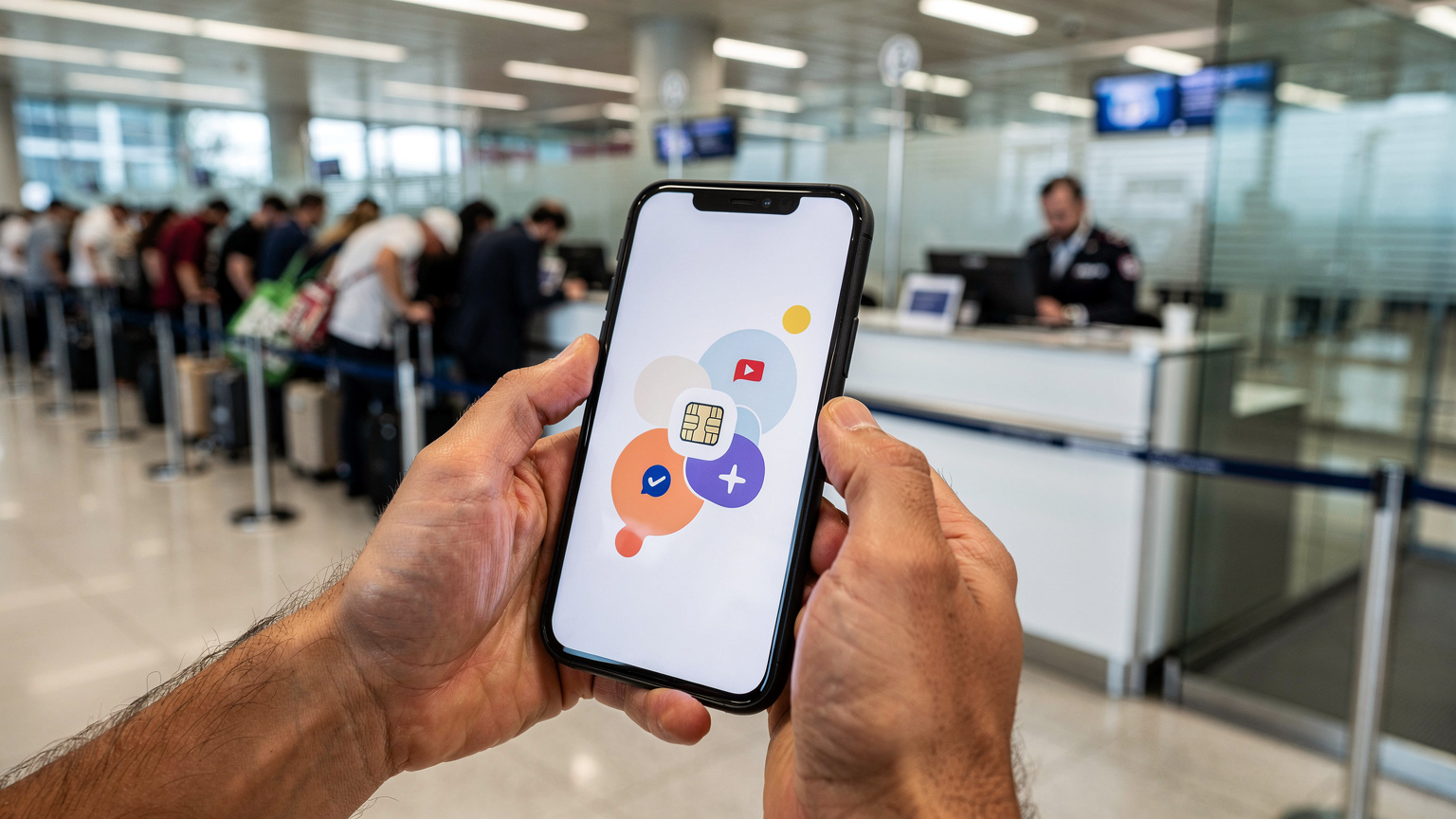 O persoană ține în mână un smartphone, afișând un ecran de activare eSIM, cu fundalul unui birou aglomerat de imigrare dintr-un aeroport din Istanbul.