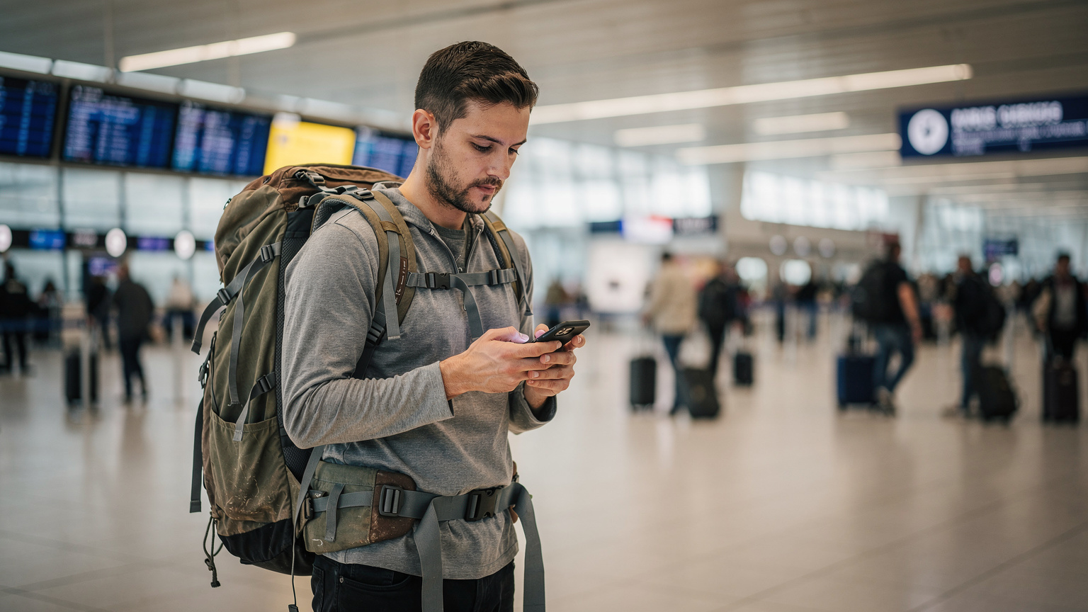 Un homme avec un sac à dos consulte son téléphone portable pour comparer les offres d'eSIM dans le hall d'arrivée bondé de l'aéroport de Paris-Charles de Gaulle.