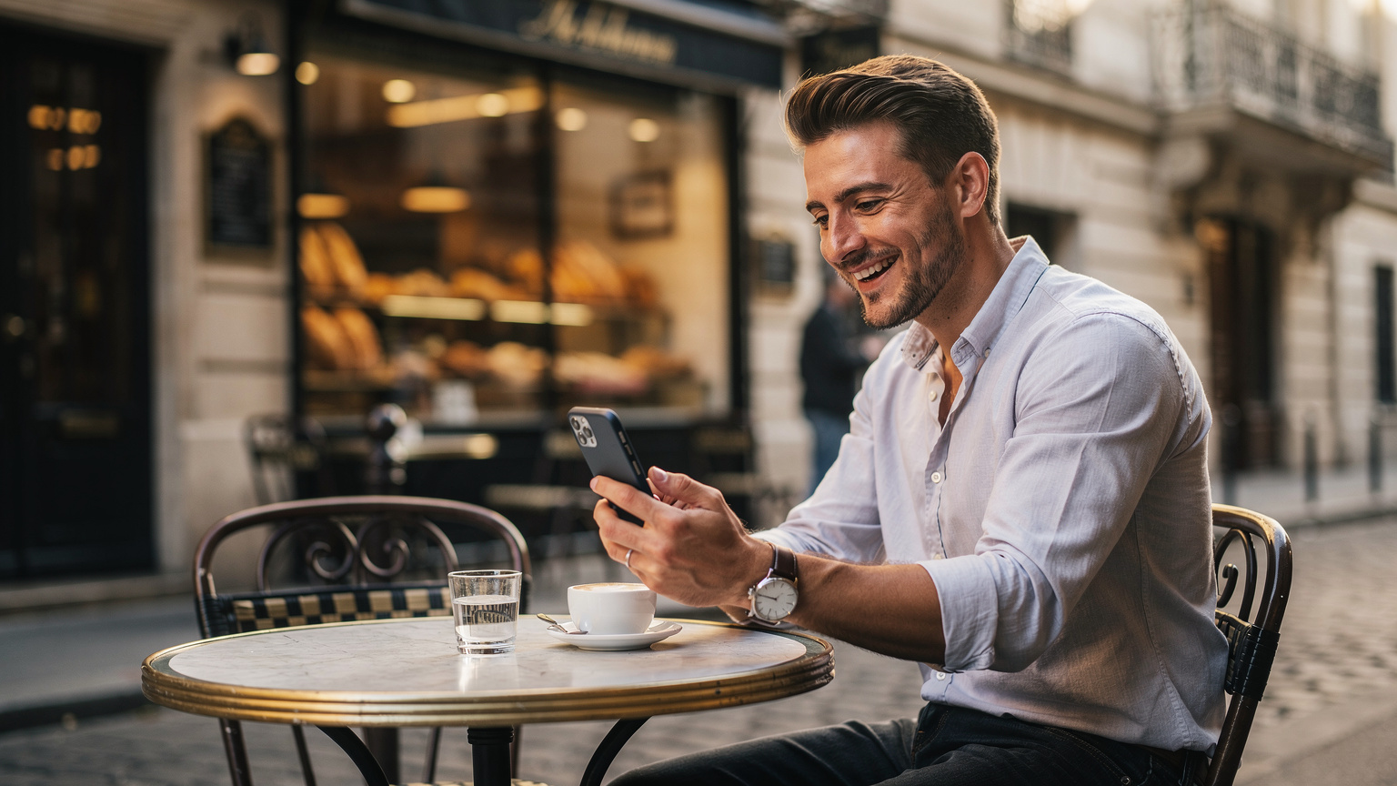 Un jeune homme souriant passe un appel vidéo sur son téléphone portable à la terrasse d'un café parisien typique avec une boulangerie en arrière-plan.