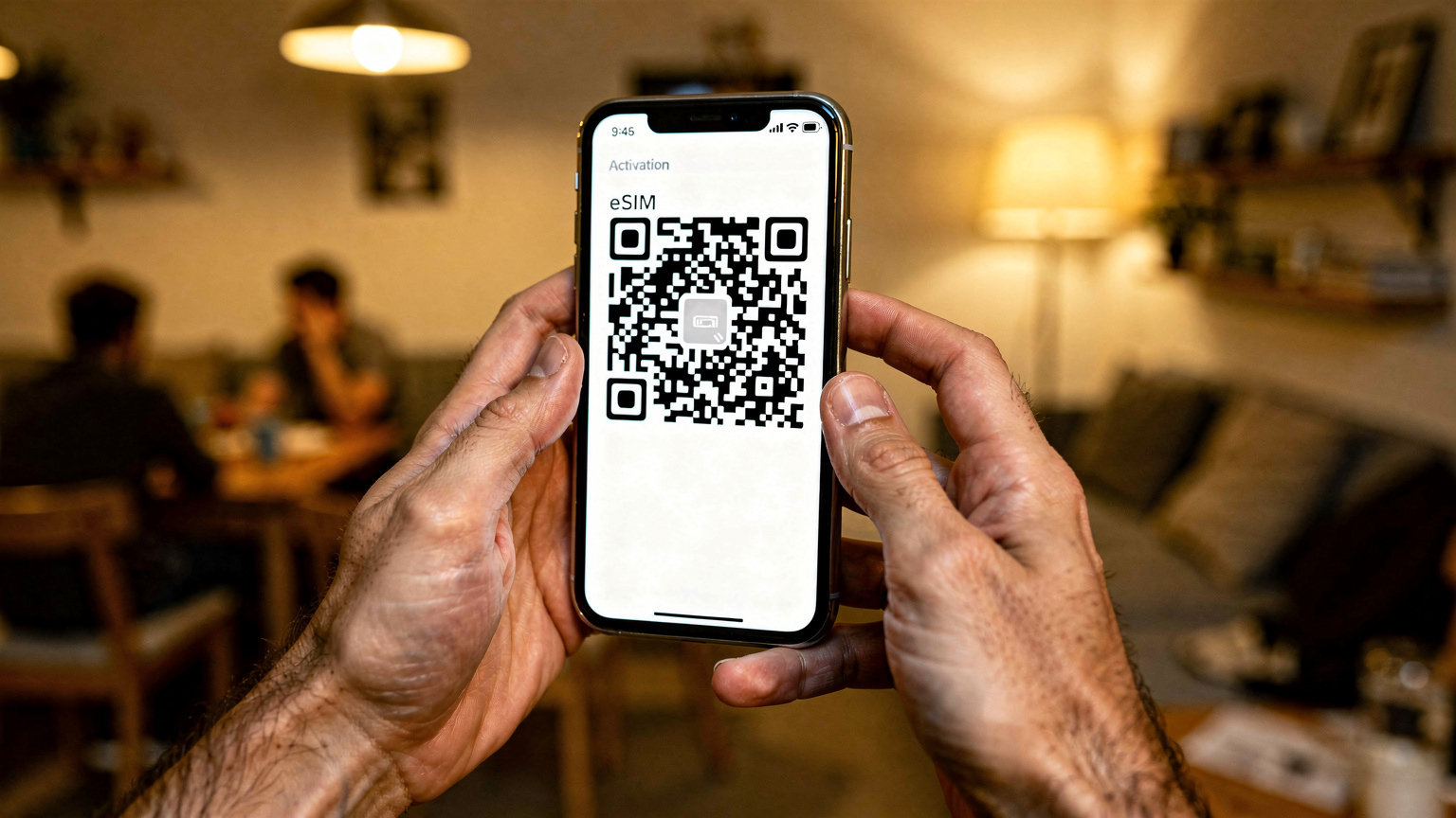 Des mains d'homme tiennent un smartphone affichant un QR code pour l'activation d'une eSIM, dans l'ambiance chaleureuse d'une auberge de jeunesse à Lyon.