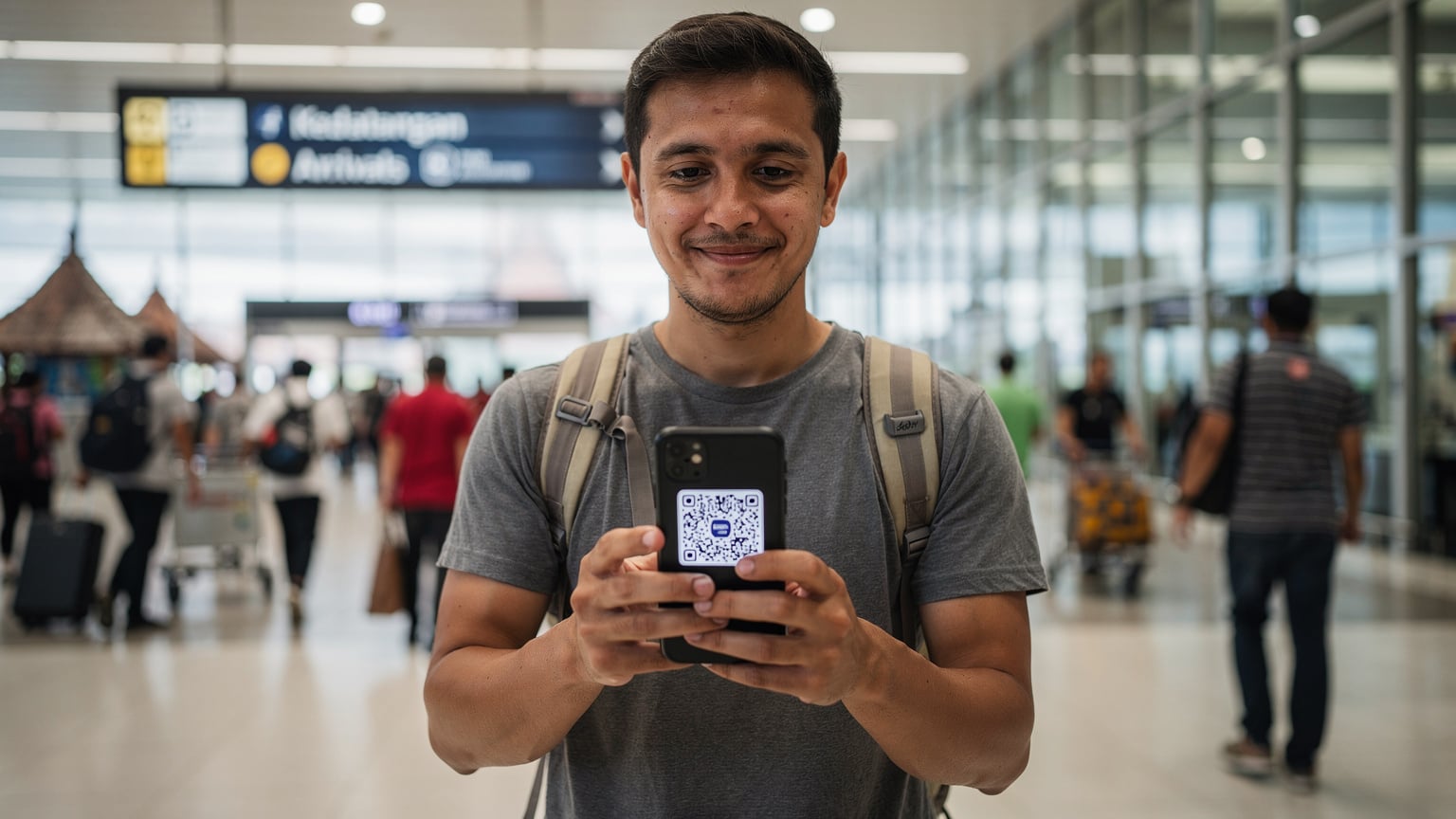 En reisende aktiverer eSIM med QR-kode i ankomsthallen på Denpasar lufthavn.