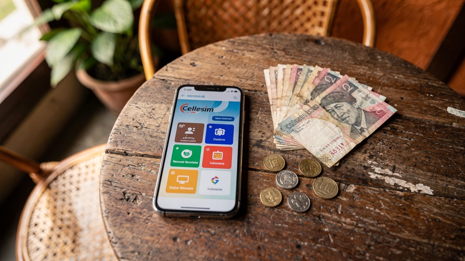 Nærbilde av Cellesim-app med eSIM-pakker og indonesiske rupi på et kafébord.