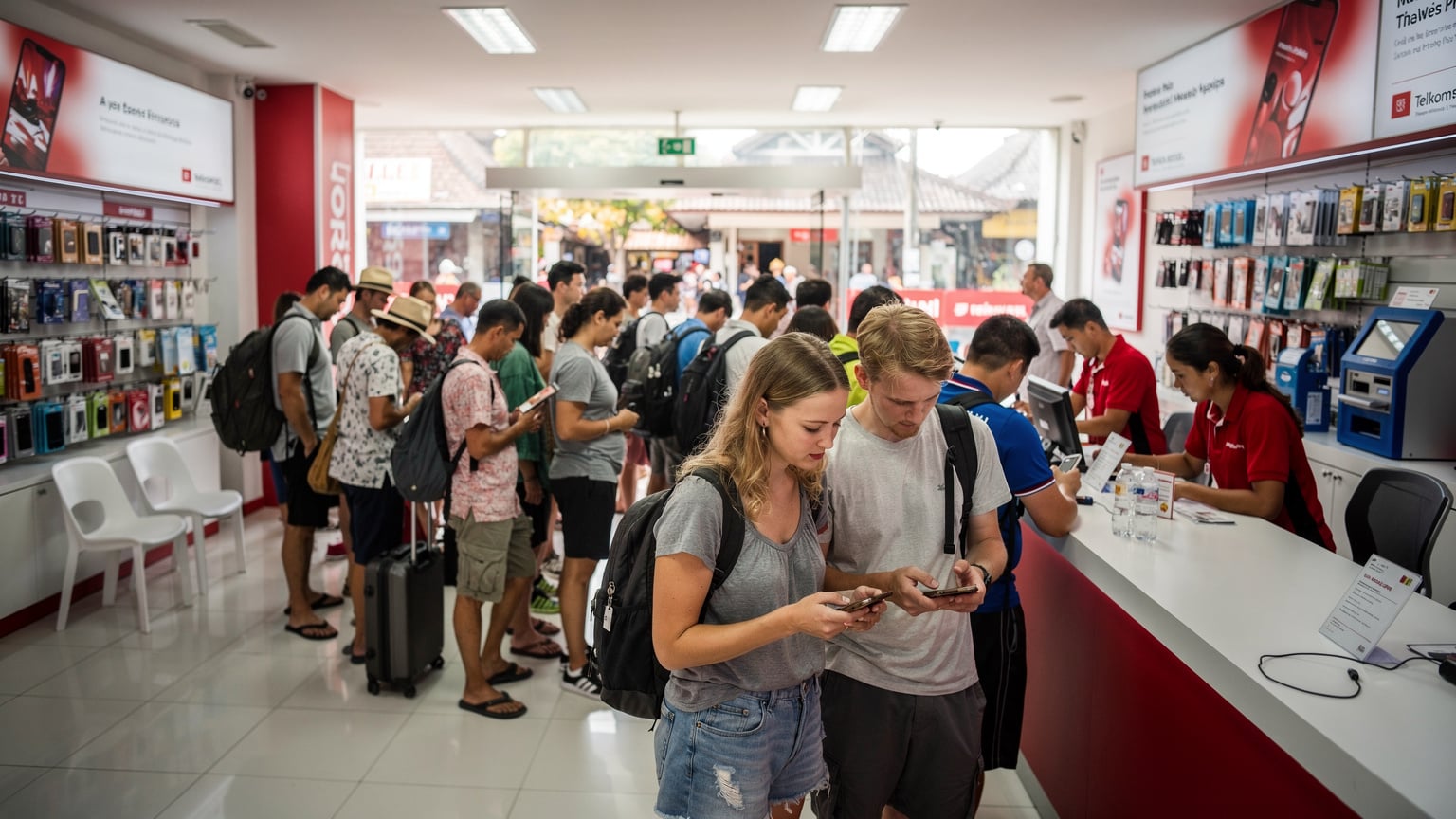 En Telkomsel Grapari-butikk i Kuta, Bali, med reisende som venter i kø.