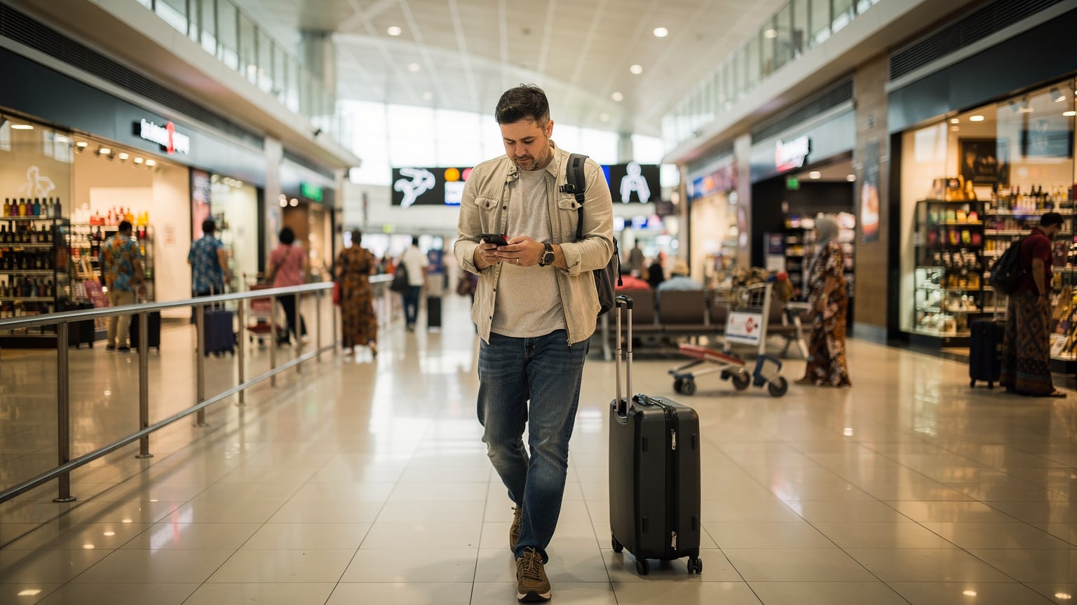 En person navigerer gjennom Denpasar lufthavn, sjekker telefonen med en fokusert mine.