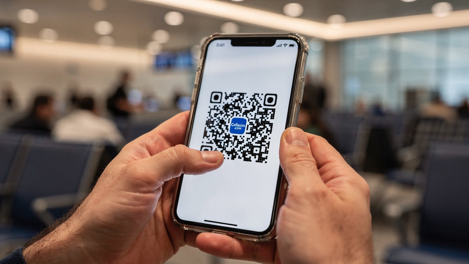 A traveler's hands holding a modern smartphone displaying a Cellesim eSIM QR code, with a blurred backdrop of an airport departure gate lounge.