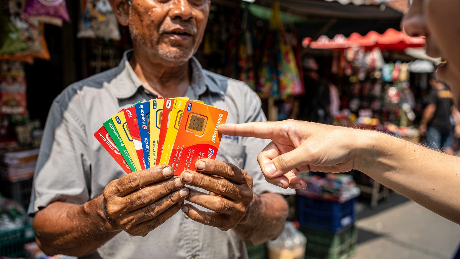 A close-up of a street vendor's hand presenting a selection of physical Telkomsel SIM cards and top-up vouchers to a traveler in a bustling Indonesian market.