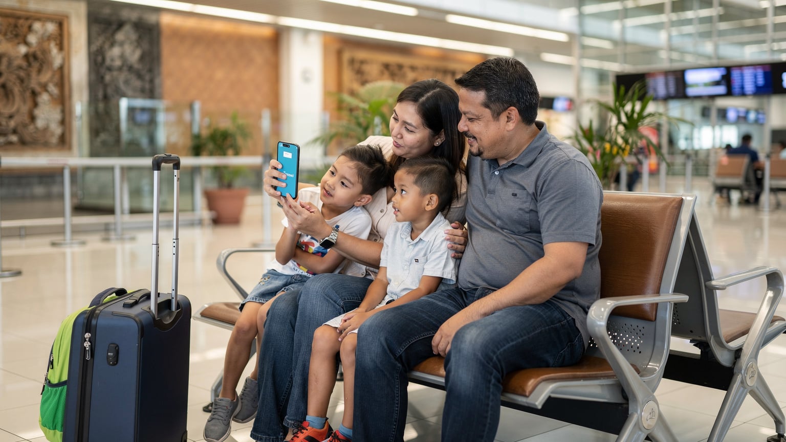 A family of four, including two children, looking at a phone screen with a Telkomsel eSIM profile, while sitting on a bench at Ngurah Rai International Airport in Bali, surrounded by luggage.